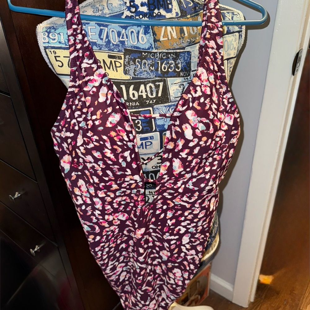 Shade & Shore Pink and Purple One Piece with Plunging V-Neckline